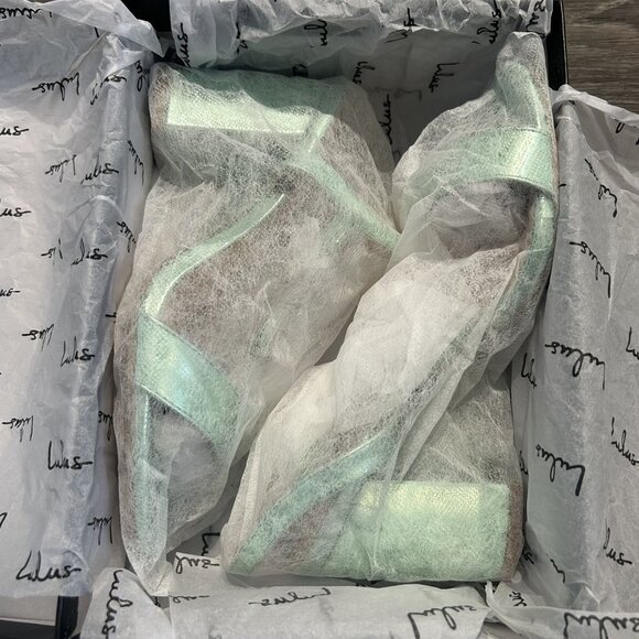 NEW Lulus 7.5 Arya Green Metallic High Heel Sandals Chunky Block Strappy Heels - Picture 9 of 9